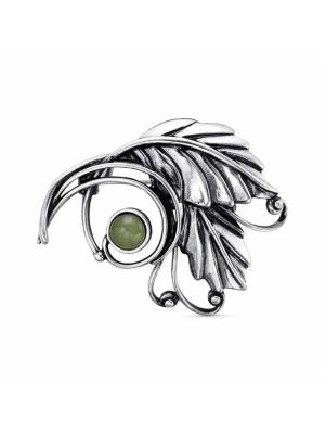 Брошь бижутерия, покрытие - серебрение с оксидированием, вставка - искусственный нефрит
