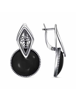 Серьги бижутерия, покрытие - серебрение с оксидированием, вставка - искусственный агат