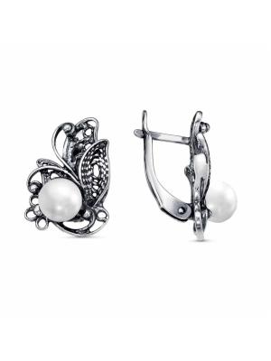 Серьги серебро 925 пробы, покрытие - оксидирование, вставка - культивированный жемчуг