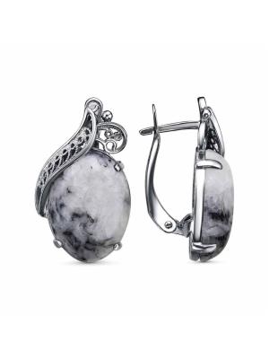 Серьги бижутерия, покрытие - серебрение с оксидированием, вставка - пинолит