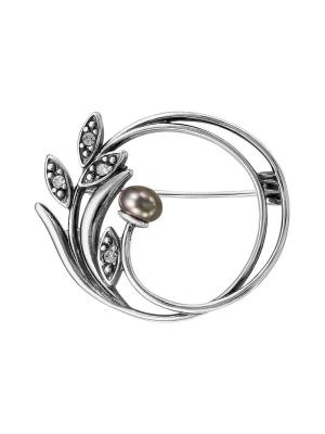 Брошь бижутерия, покрытие - серебрение с оксидированием, вставка - культивированный жемчуг, стекло ювелирное preciosa