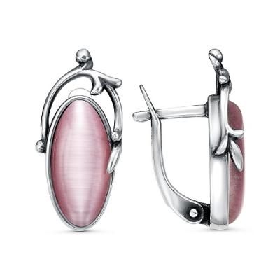 Серьги серебро 925 пробы, покрытие - оксидирование, вставка - искусственный кошачий глаз