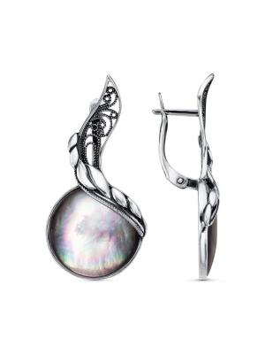 Серьги бижутерия, покрытие - серебрение с оксидированием, вставка - перламутр