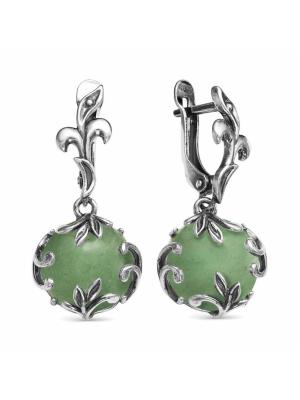 Серьги бижутерия, покрытие - серебрение с оксидированием, вставка - искусственный нефрит