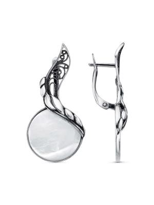 Серьги бижутерия, покрытие - серебрение с оксидированием, вставка - перламутр