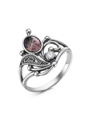 Кольцо серебро 925 пробы, покрытие - оксидирование, вставка - родонит, фианит (недрагоценный камень)