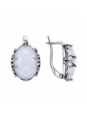 Серьги серебро 925 пробы, покрытие - оксидирование, вставка - искусственный агат белый