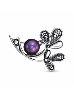 Брошь бижутерия, покрытие - серебрение с оксидированием, вставка - культивированный жемчуг