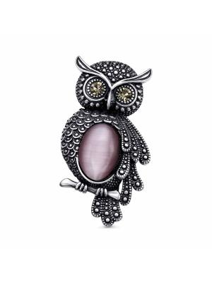 Брошь бижутерия, покрытие - серебрение с оксидированием, вставка - искусственный кошачий глаз , стекло ювелирное preciosa