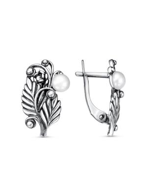 Серьги серебро 925 пробы, покрытие - оксидирование, вставка - культивированный жемчуг