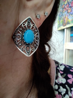 Серьги бижутерия, покрытие - серебрение с оксидированием, вставка - искусственная бирюза