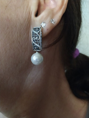 Серьги серебро 925 пробы, покрытие - оксидирование, вставка - имитация жемчуга