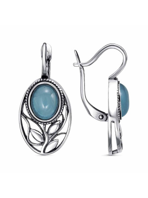 Серьги бижутерия, покрытие - серебрение с оксидированием, вставка - искусственный халцедон