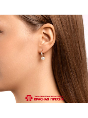 Серьги серебро 925 пробы, покрытие - золочение, вставка - культивированный жемчуг, фианит (недрагоценный камень)