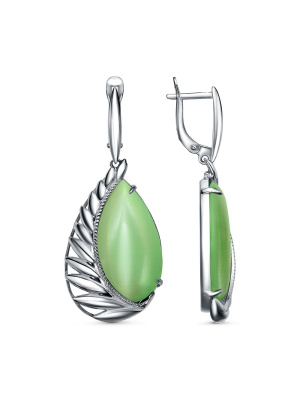 Серьги бижутерия, покрытие - серебрение с оксидированием, вставка - искусственный кошачий глаз