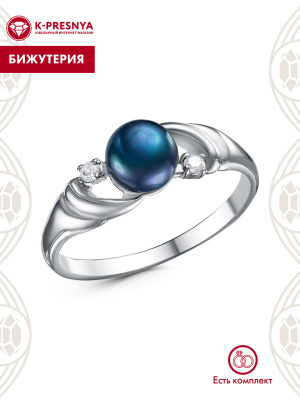 Кольцо бижутерия, покрытие - платинирование, вставка - культивированный жемчуг, фианит (недрагоценный камень)