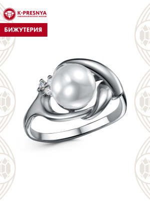Кольцо бижутерия, покрытие - серебрение с оксидированием, вставка - имитация жемчуга, фианит (недрагоценный камень)
