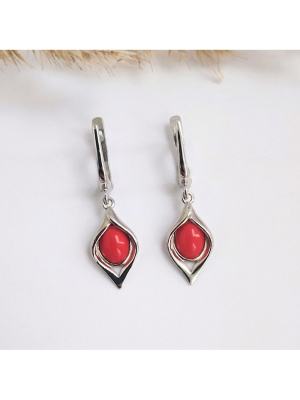 Серьги бижутерия, покрытие - платинирование, вставка - искусственный коралл