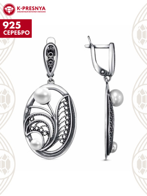 Серьги серебро 925 пробы, покрытие - оксидирование, вставка - культивированный жемчуг