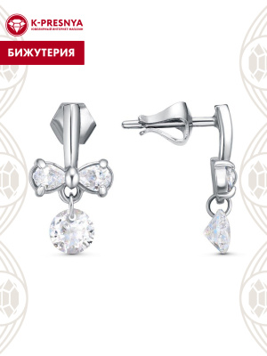 Серьги бижутерия, покрытие - платинирование, вставка - фианит (недрагоценный камень)
