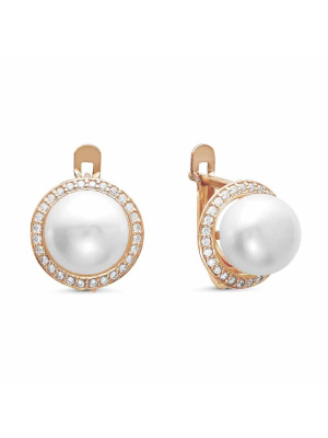 Серьги серебро 925 пробы, покрытие - золочение, вставка - культивированный жемчуг, фианит (недрагоценный камень)