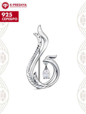 Брошь серебро 925 пробы, покрытие - оксидирование, отделка - алмазная грань, вставка - фианит (недрагоценный камень)