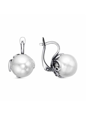 Серьги бижутерия, покрытие - серебрение с оксидированием, вставка - имитация жемчуга