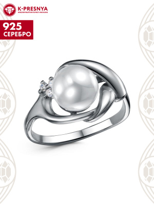 Кольцо серебро 925 пробы, покрытие - оксидирование, вставка - имитация жемчуга, фианит (недрагоценный камень)