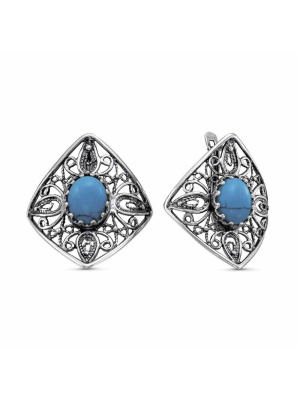Серьги бижутерия, покрытие - серебрение с оксидированием, вставка - искусственная бирюза