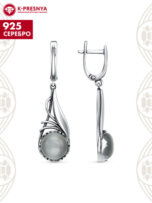 Серьги серебро 925 пробы, покрытие - оксидирование, вставка - искусственный кошачий глаз