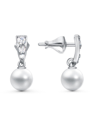 Серьги серебро 925 пробы, покрытие - родирование, вставка - имитация жемчуга, фианит (недрагоценный камень)