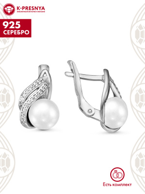 Серьги серебро 925 пробы, покрытие - родирование, вставка - культивированный жемчуг, фианит (недрагоценный камень)