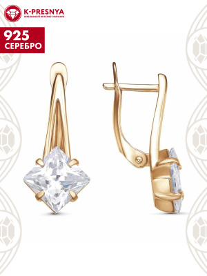 Серьги серебро 925 пробы, покрытие - золочение, вставка - фианит (недрагоценный камень)