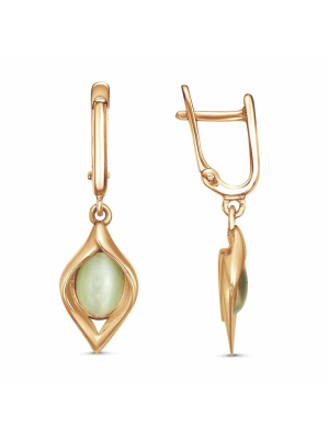 Серьги серебро 925 пробы, покрытие - золочение, вставка - искусственный кошачий глаз