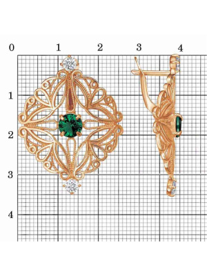 Серьги бижутерия, покрытие - золочение, вставка - искусственная шпинель, фианит (недрагоценный камень)