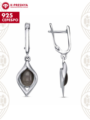 Серьги серебро 925 пробы, покрытие - платинирование, вставка - искусственный кошачий глаз