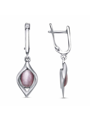 Серьги серебро 925 пробы, покрытие - платинирование, вставка - искусственный кошачий глаз
