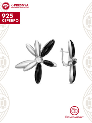 Серьги серебро 925 пробы, покрытие - оксидирование, вставка - искусственный агат черный, фианит (недрагоценный камень)