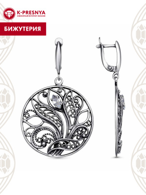 Серьги бижутерия, покрытие - серебрение с оксидированием, вставка - фианит (недрагоценный камень)