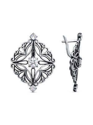 Серьги серебро 925 пробы, покрытие - оксидирование, вставка - фианит (недрагоценный камень)