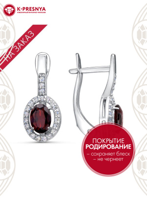 Серьги серебро 925 пробы, покрытие - родирование, вставка - гранат (полудрагоценный камень), фианит (недрагоценный камень)