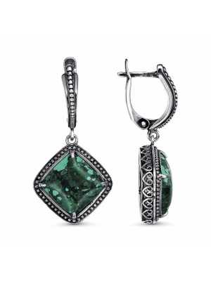 Серьги бижутерия, покрытие - серебрение с оксидированием, вставка - искусственный малахит