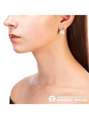 Серьги серебро 925 пробы, покрытие - родирование, вставка - культивированный жемчуг, фианит (недрагоценный камень)