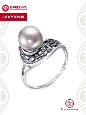 Кольцо бижутерия, покрытие - серебрение с оксидированием, вставка - имитация жемчуга