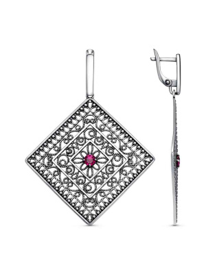 Серьги бижутерия, покрытие - серебрение с оксидированием, вставка - синтетический корунд