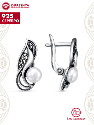 Серьги серебро 925 пробы, покрытие - оксидирование, вставка - культивированный жемчуг