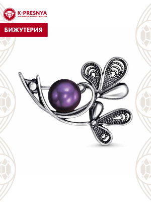 Брошь бижутерия, покрытие - серебрение с оксидированием, вставка - культивированный жемчуг