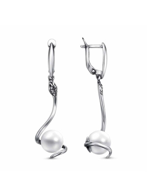 Серьги серебро 925 пробы, покрытие - оксидирование, вставка - имитация жемчуга