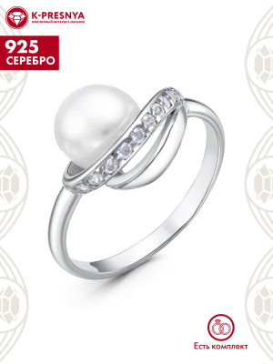 Кольцо серебро 925 пробы, покрытие - родирование, вставка - культивированный жемчуг, фианит (недрагоценный камень)