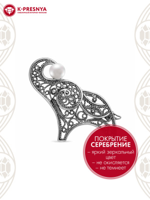 Брошь бижутерия, покрытие - серебрение с оксидированием, вставка - культивированный жемчуг
